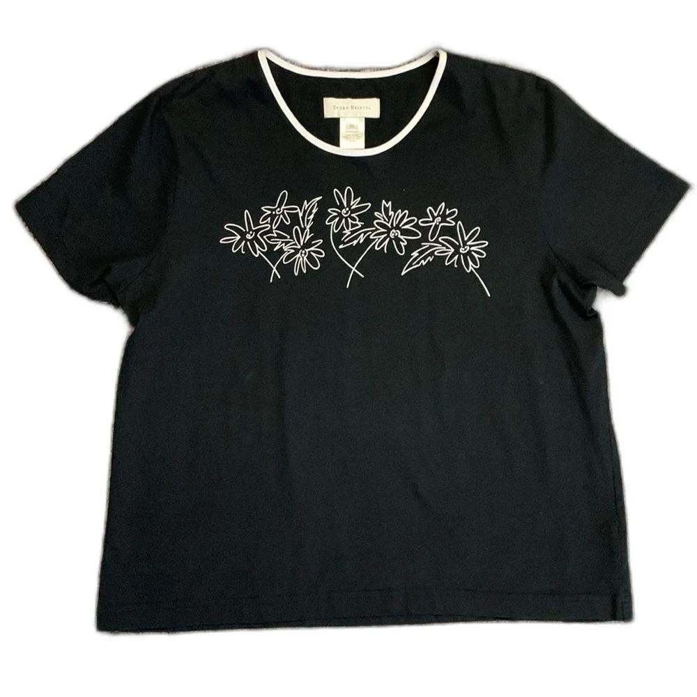 Susan Bristol Black Cotton White Floral Detail Scoop Neck SS T-Shirt Size XL